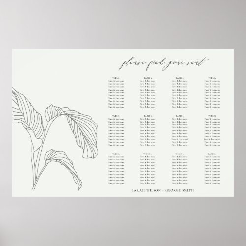 Leaf Palm Sketch Black White Wedding Seating Chart