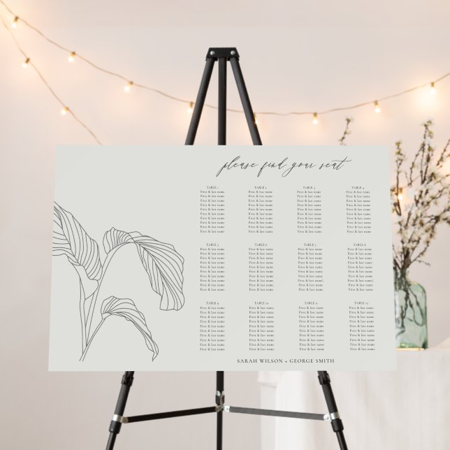 Leaf Palm Sketch Black White Wedding Seating Chart Foam Board (In Situ (Stand))