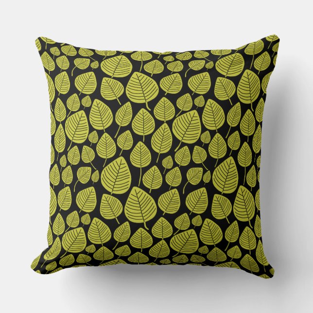 Leaf Pattern 02 - Banana Yellow on Black Throw Pillow (Front)