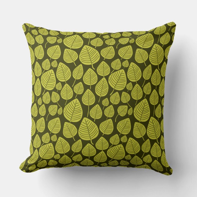Leaf Pattern 02 - Banana Yellow on Dark Olive Throw Pillow (Front)