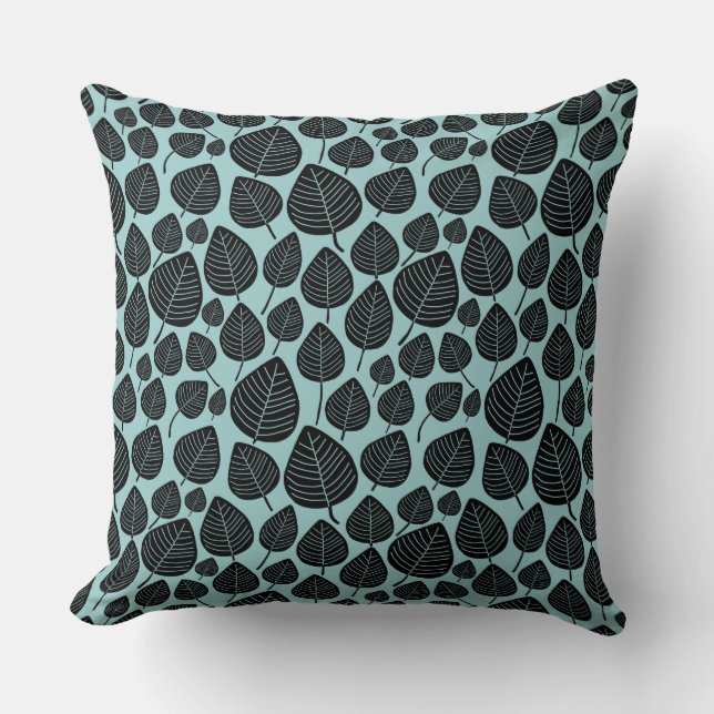 Leaf Pattern 02 - Black on Light Blue Green Throw Pillow (Front)