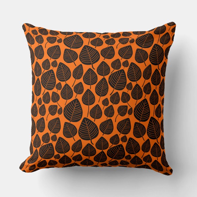 Leaf Pattern 02 - Black on Orange Throw Pillow (Front)