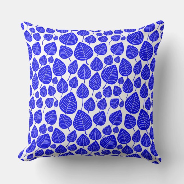 Leaf Pattern 02 - Blue on White Throw Pillow (Front)
