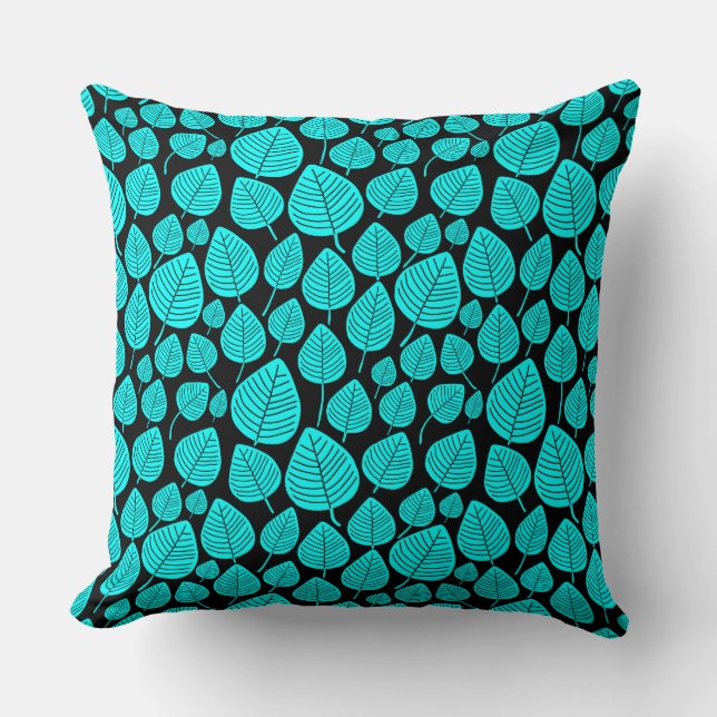 Leaf Pattern 02 - Cyan on Black Throw Pillow (Front)