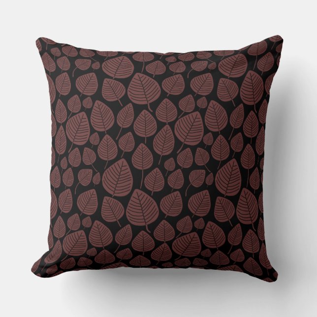 Leaf Pattern 02 - Dark Brown on Black Throw Pillow (Front)