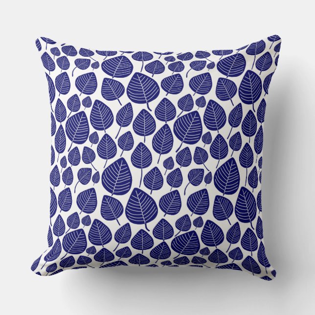 Leaf Pattern 02 - Dark Navy on White Throw Pillow (Front)
