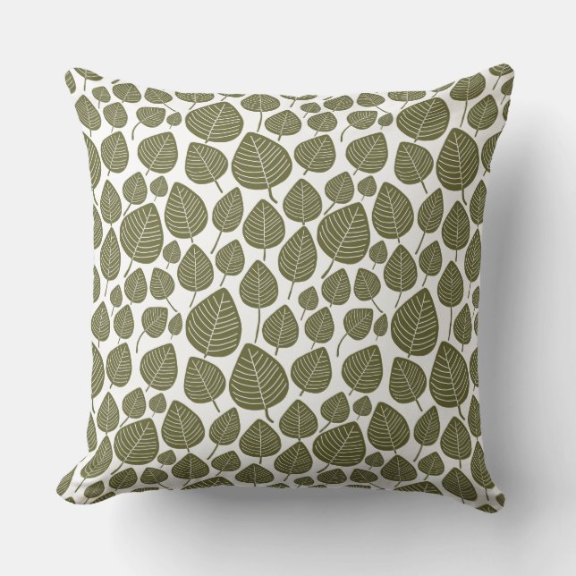 Leaf Pattern 02 - Deep Olive on White Throw Pillow (Front)
