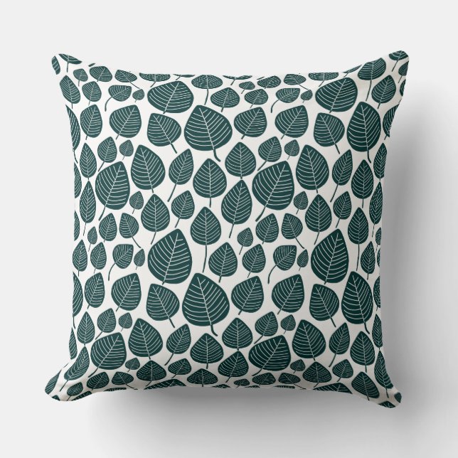 Leaf Pattern 02 - Dk Moss Green on White Throw Pillow (Front)