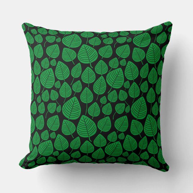 Leaf Pattern 02 - Grass Green on Black Throw Pillow (Front)