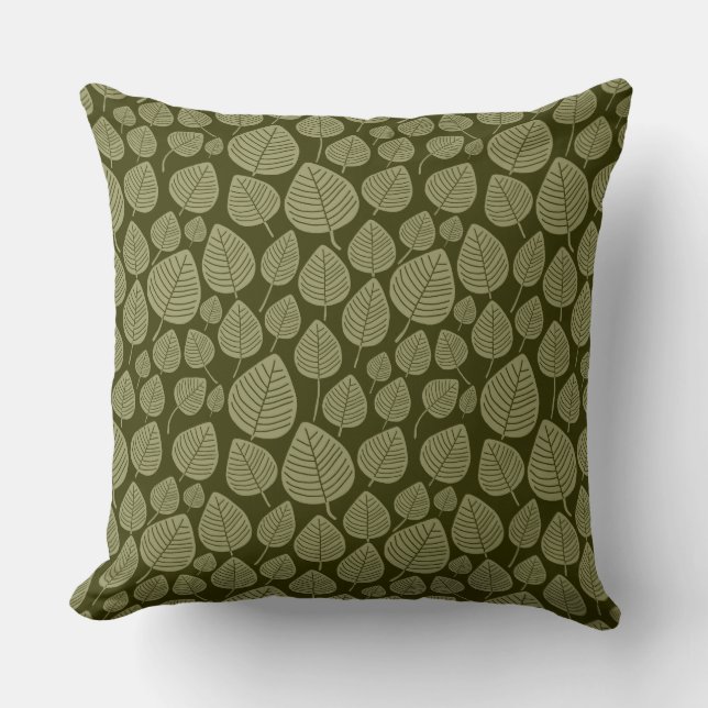 Leaf Pattern 02 - Khaki on Dark Olive Throw Pillow (Front)