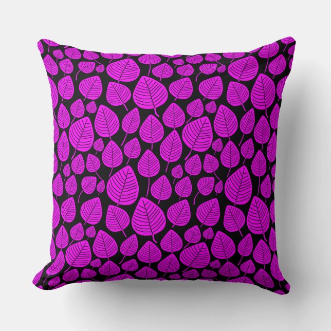 Leaf Pattern 02 - Magenta on Black Throw Pillow (Front)