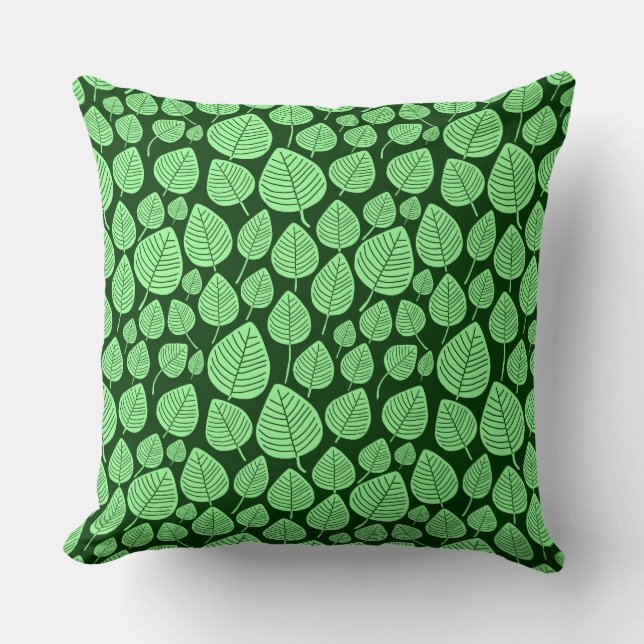 Leaf Pattern 02 - Mint Green on Dark Forest Green Throw Pillow (Front)