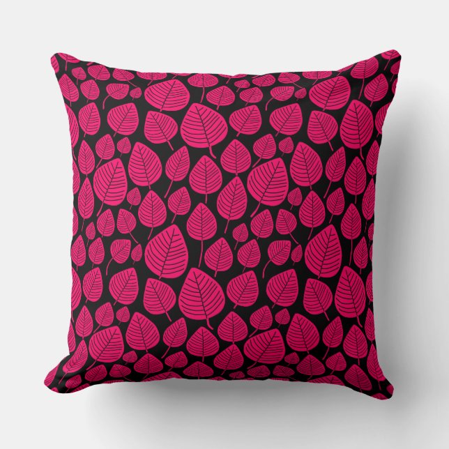 Leaf Pattern 02 - Neon Red on Black Throw Pillow (Front)