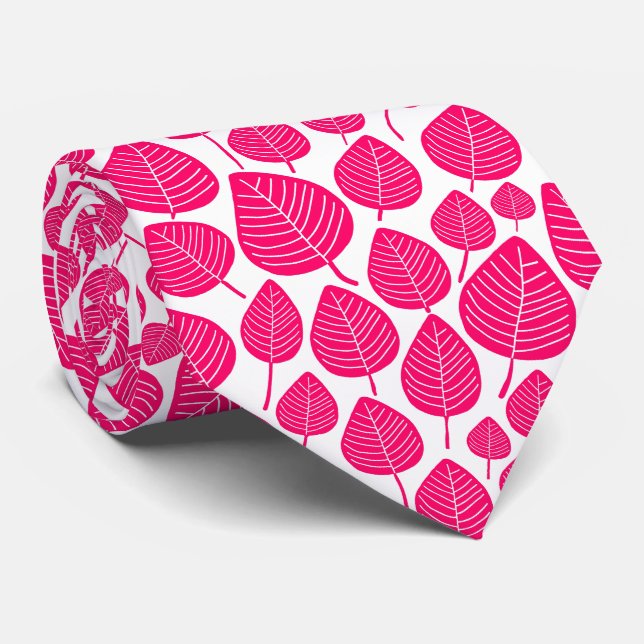 Leaf Pattern 02 - Neon Red on White Neck Tie (Rolled)