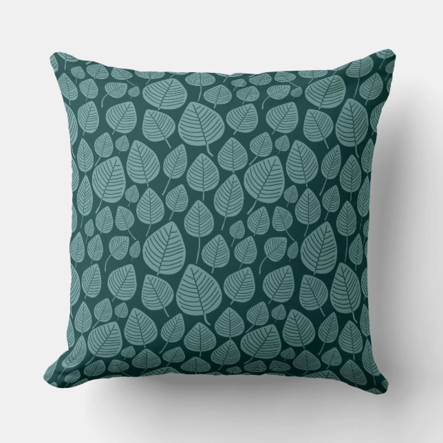 Leaf Pattern 02 - Ocean Green on Dk Moss Green Throw Pillow (Front)