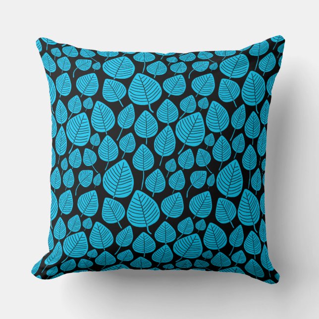 Leaf Pattern 02 - Sky Blue on Black Throw Pillow (Front)