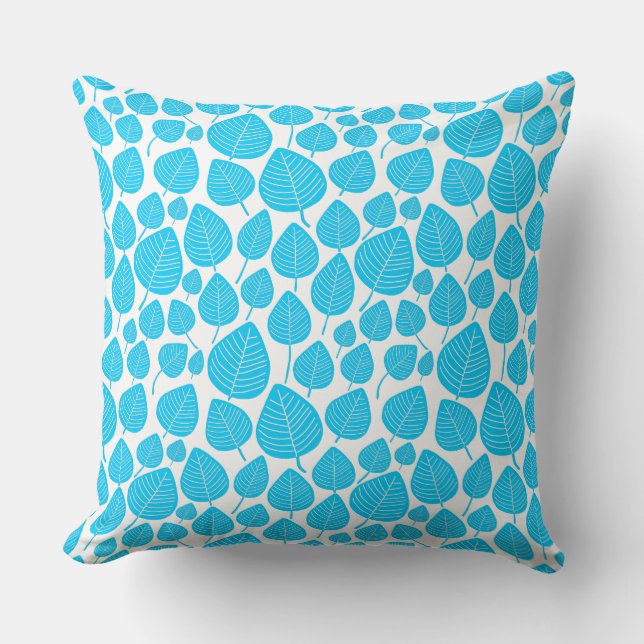 Leaf Pattern 02 - Sky Blue on White Throw Pillow (Front)