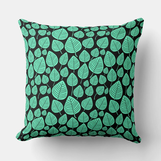 Leaf Pattern 02 - Turquoise on Black Throw Pillow (Front)