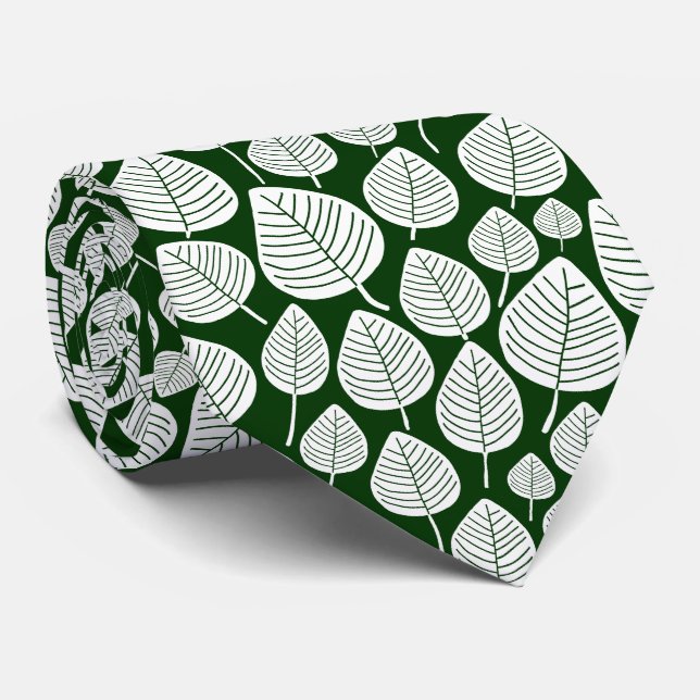 Leaf Pattern 02 - White on Dark Green Neck Tie (Rolled)