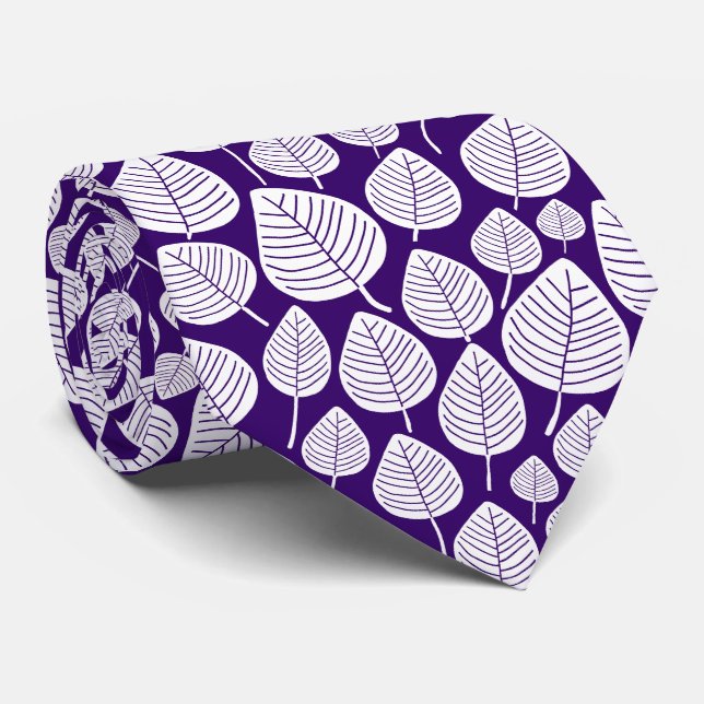 Leaf Pattern 02 - White on Deep Purple Neck Tie (Rolled)