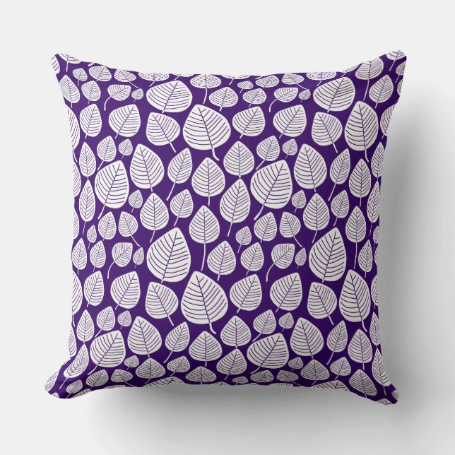 Leaf Pattern 02 - White on Deep Purple Throw Pillow (Front)