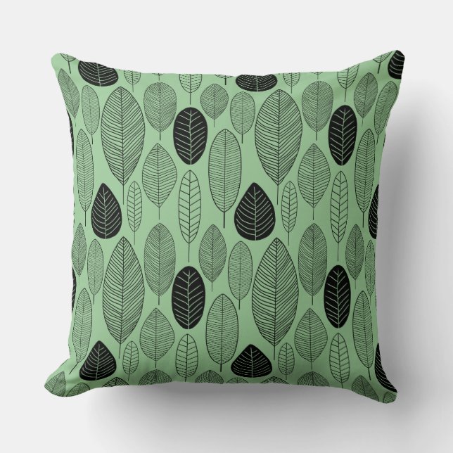 Leaf Pattern - Black on Faded Green Throw Pillow (Front)