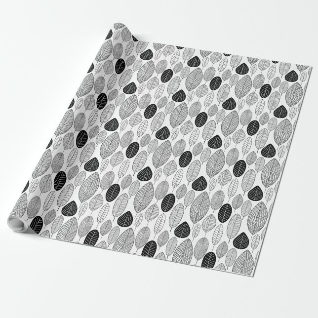 Leaf Pattern - Black on White Wrapping Paper (Unrolled)