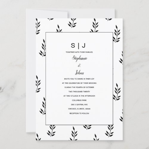 Leaf Pattern Black White Monogram Name Wedding Invitation