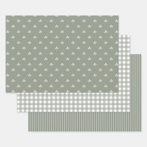Leaf Pattern Gingham and Stripes Dusky Green   Wrapping Paper Sheets