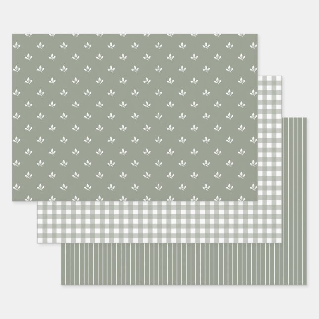 Leaf Pattern Gingham and Stripes Dusky Green |  Wrapping Paper Sheets (Set)