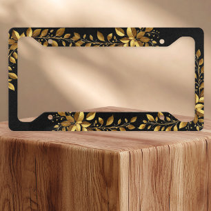 Leaf Pattern Gold Black Elegant License Plate Frame