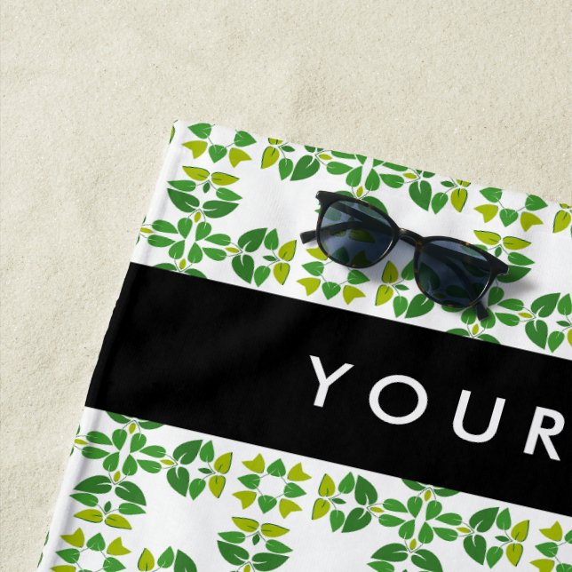 Leaf Pattern, Green Leaves, Your Name Beach Towel (In Situ)