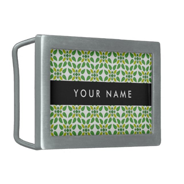 Leaf Pattern, Green Leaves, Your Name Belt Buckle (Front Left)