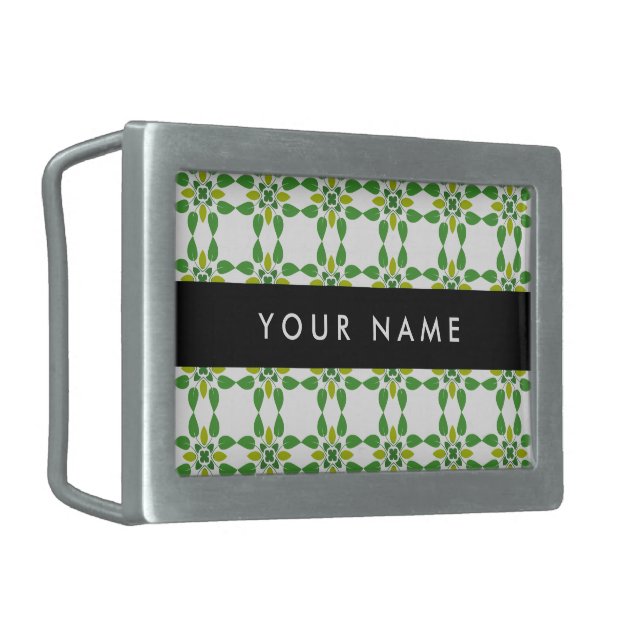 Leaf Pattern, Green Leaves, Your Name Belt Buckle (Front Left)