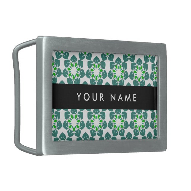 Leaf Pattern, Green Leaves, Your Name Belt Buckle (Front Left)