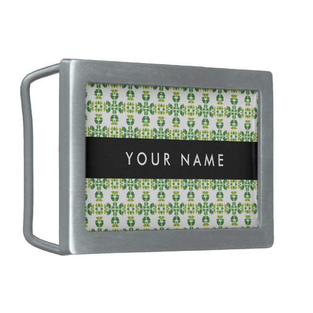 Leaf Pattern, Green Leaves, Your Name Belt Buckle (Front Left)