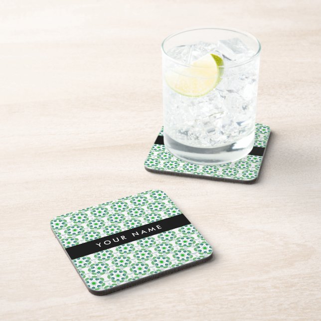 Leaf Pattern, Green Leaves, Your Name Beverage Coaster (Right Side)