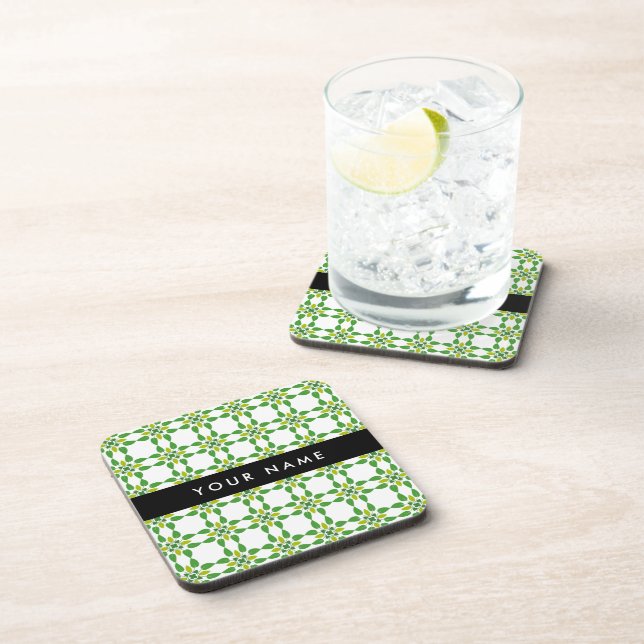 Leaf Pattern, Green Leaves, Your Name Beverage Coaster (Right Side)