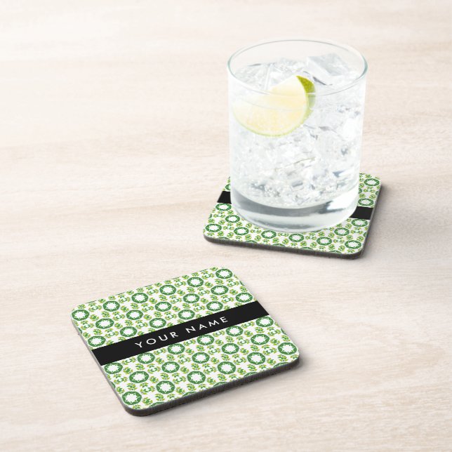 Leaf Pattern, Green Leaves, Your Name Beverage Coaster (Right Side)