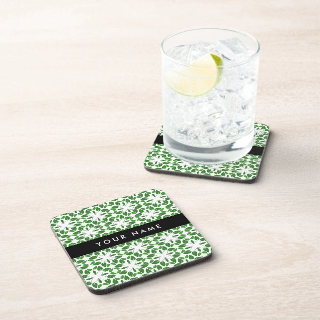 Leaf Pattern, Green Leaves, Your Name Beverage Coaster (Right Side)