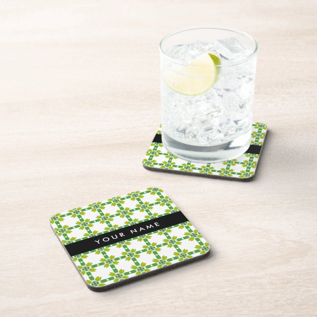 Leaf Pattern, Green Leaves, Your Name Beverage Coaster (Right Side)
