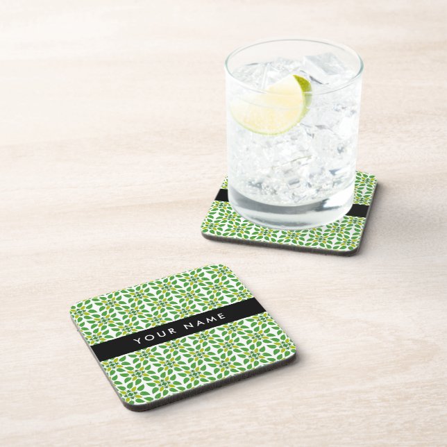 Leaf Pattern, Green Leaves, Your Name Beverage Coaster (Right Side)