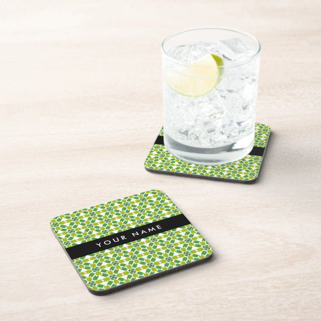 Leaf Pattern, Green Leaves, Your Name Beverage Coaster (Right Side)