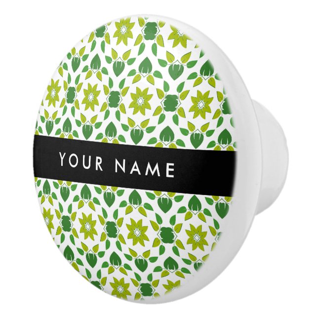 Leaf Pattern, Green Leaves, Your Name Ceramic Knob (Right)