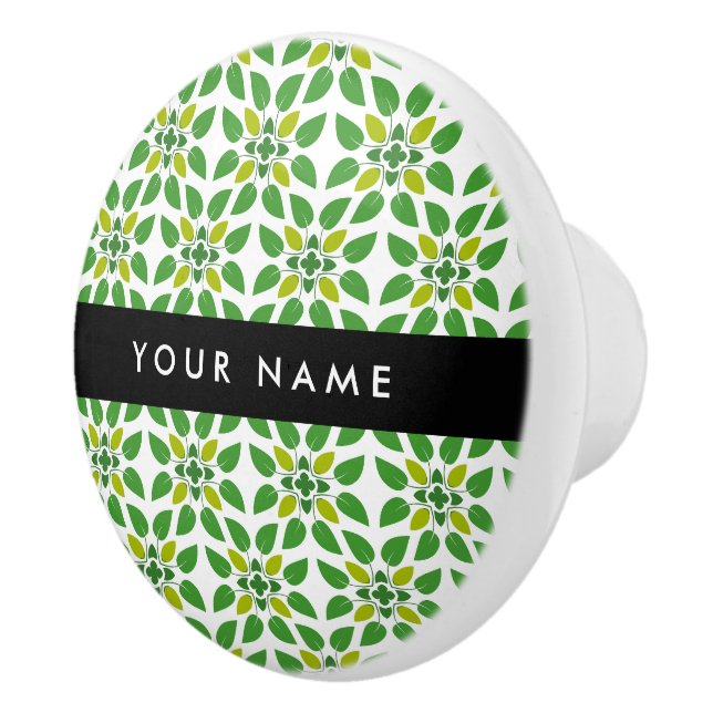 Leaf Pattern, Green Leaves, Your Name Ceramic Knob (Right)