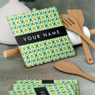 Leaf Pattern, Green Leaves, Your Name Ceramic Tile