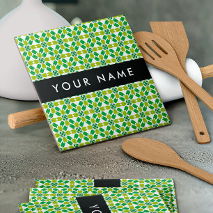 Leaf Pattern, Green Leaves, Your Name Ceramic Tile
