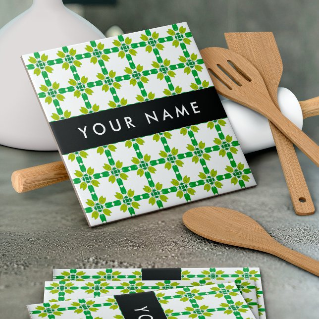 Leaf Pattern, Green Leaves, Your Name Ceramic Tile (Creator Uploaded)