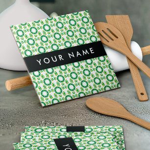 Leaf Pattern, Green Leaves, Your Name Ceramic Tile