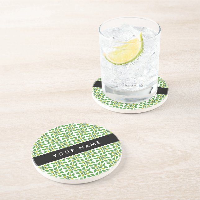 Leaf Pattern, Green Leaves, Your Name Coaster (Side)